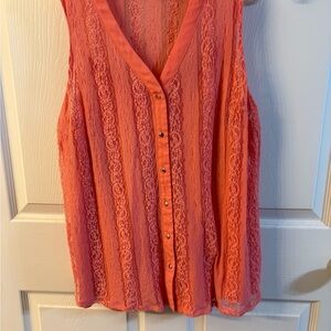 Cato Vibrant Coral Lace Button-Down Blouse